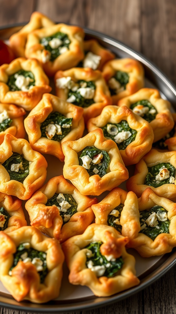 Savory puff pastry bites filled with spinach and feta, served on a rustic wooden table.